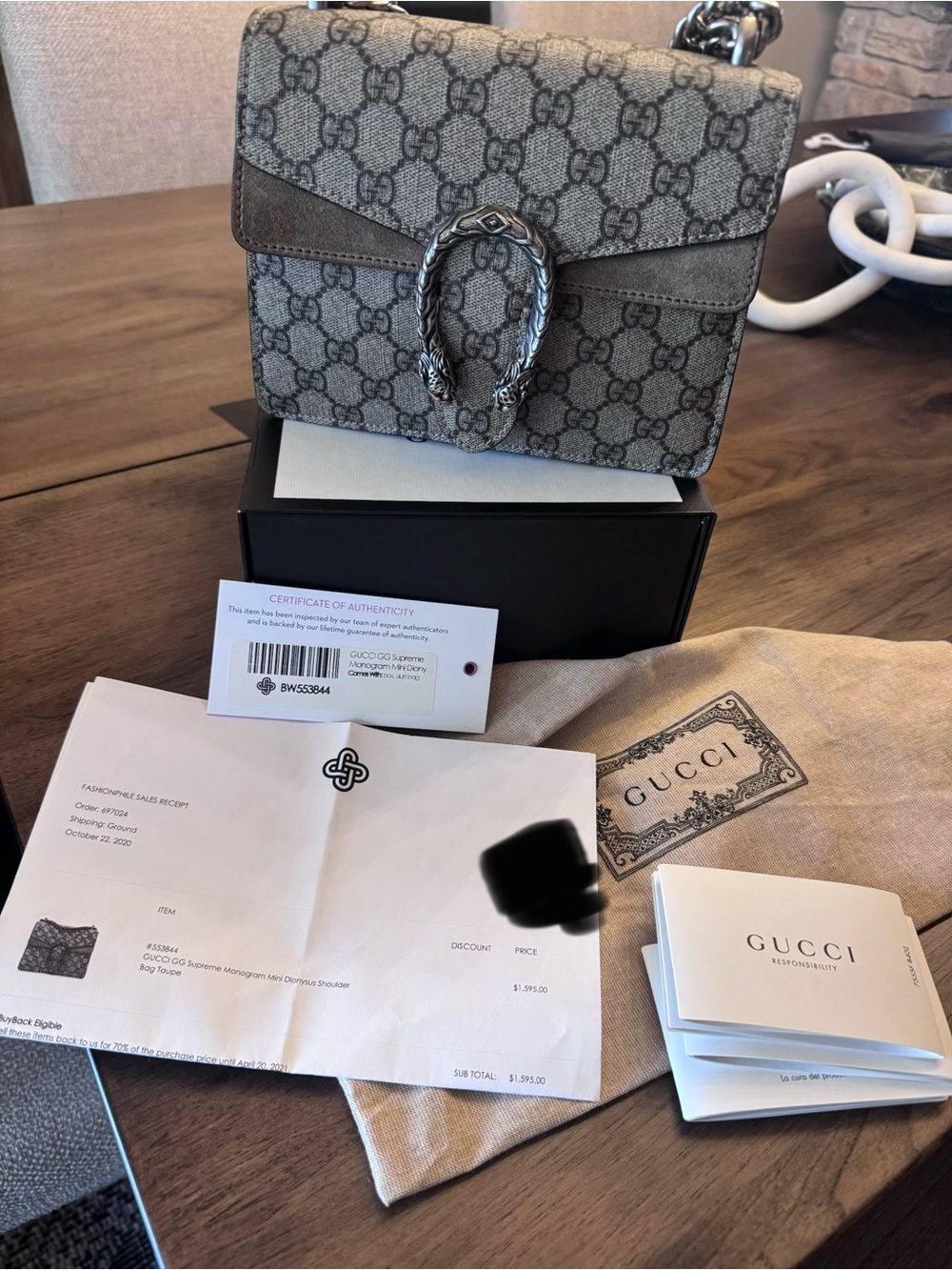 Gucci Mini Dionysus GG Supreme Monogram Shoulder Bag Taupe Authe